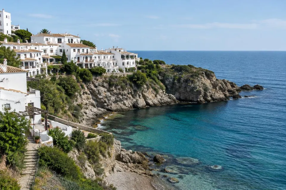 Village blanc surplombant une crique méditerranéenne en Espagne