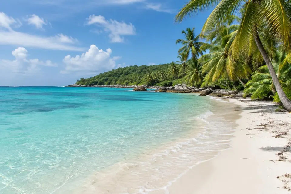 Plage de sable blanc bordée de palmiers en Guadeloupe