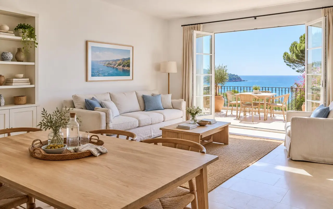Intérieur lumineux d'une location courte durée avec vue sur la mer