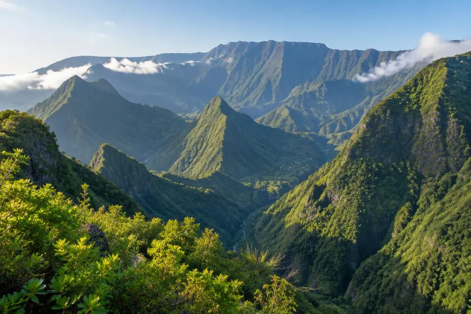 Cirque montagneux et crêtes verdoyantes à La Réunion